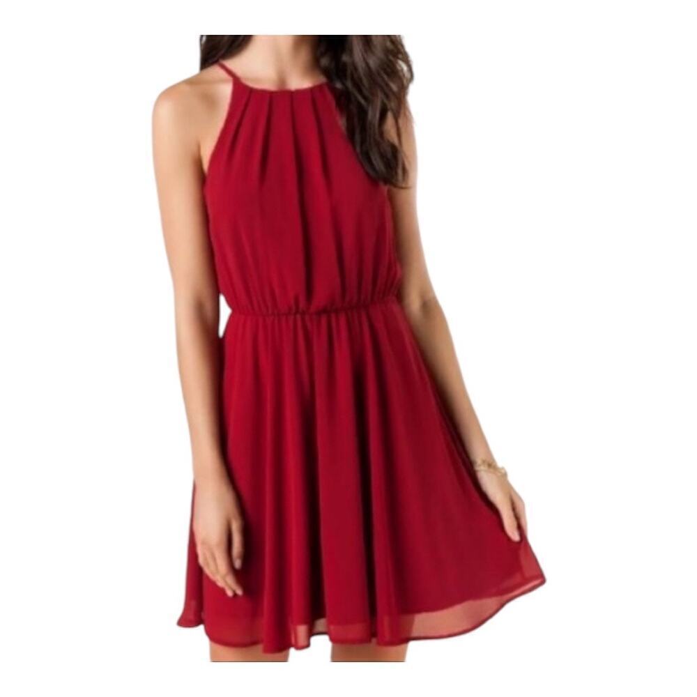Lush Red Burgundy Chiffon Elastic Waist Pleated Halter Neck Cocktail Dress S